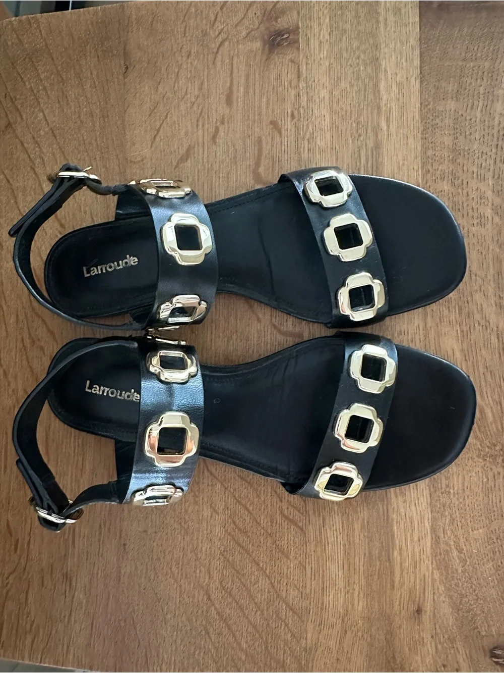 Larroude Milan Black Leather Sandal with Gold Accent, Size 8
